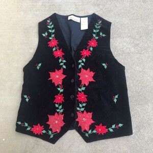 Festive Holiday Christmas Black Vest with Red Poinsettias
